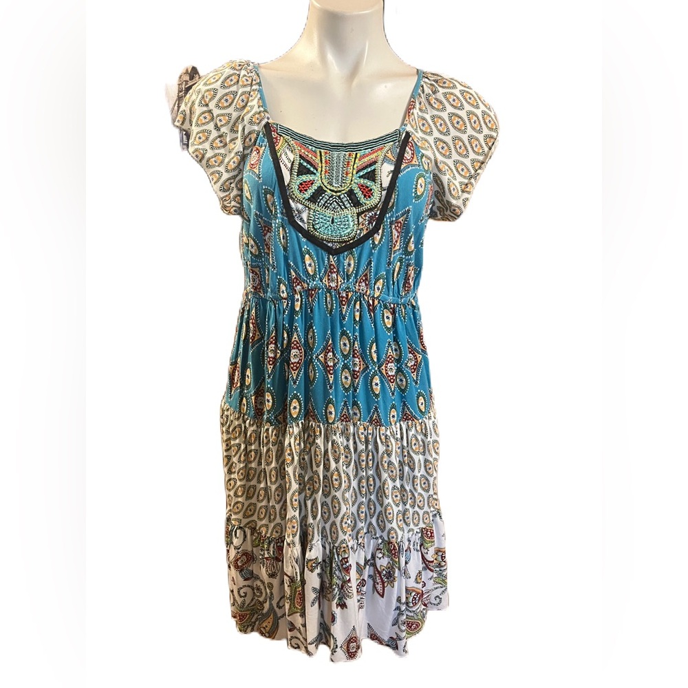 ONE WORLD Blue and White Boho Embroidered Patterned Dress M